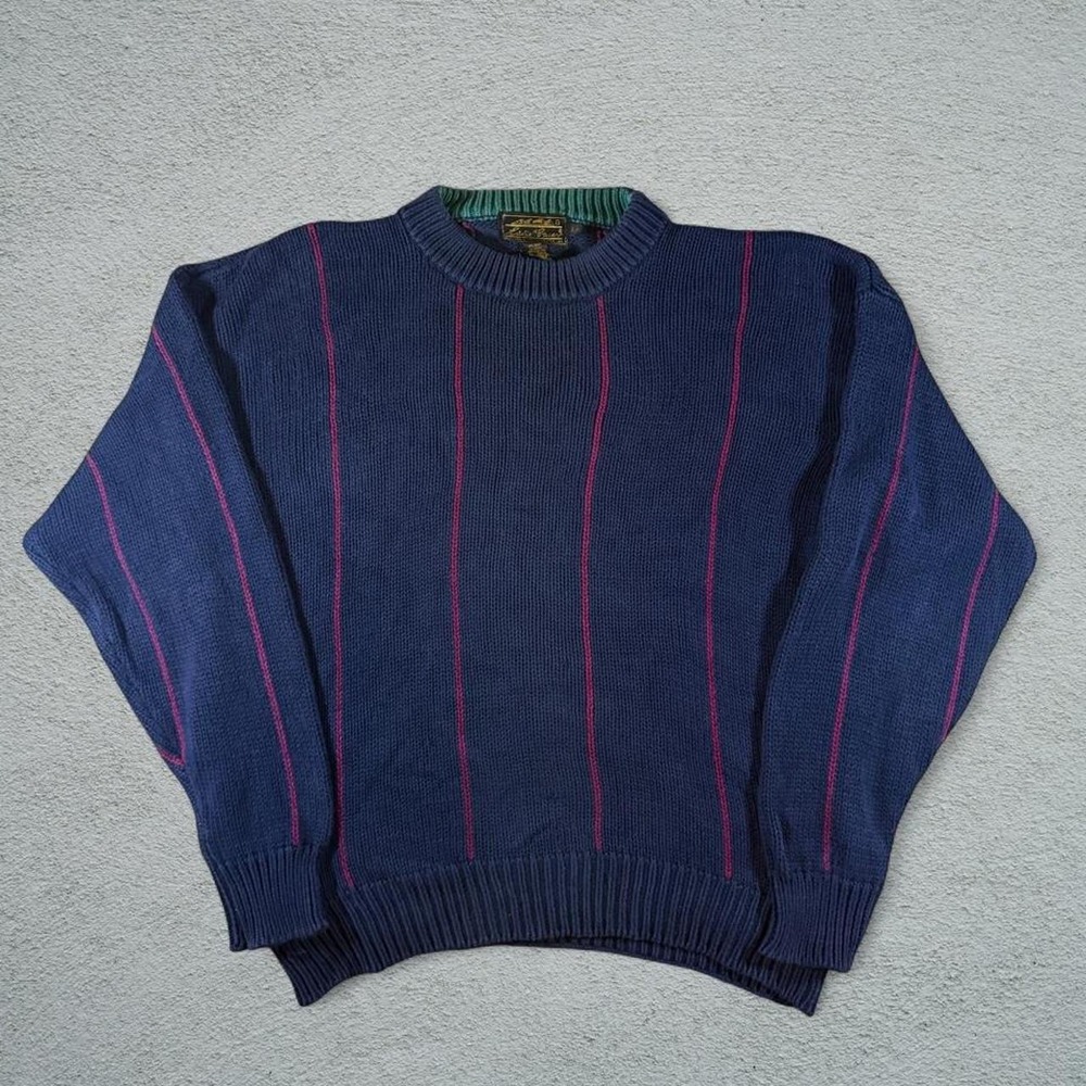 Vintage Eddie Bauer 90s Navy Blue Magenta Striped Cotton Knit Sweater Mens L